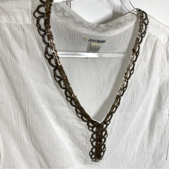 Lucky Brand Gauze Sheer White Blouse w/ Bronze Tone Embellishments Draws… - Picture 3 of 14